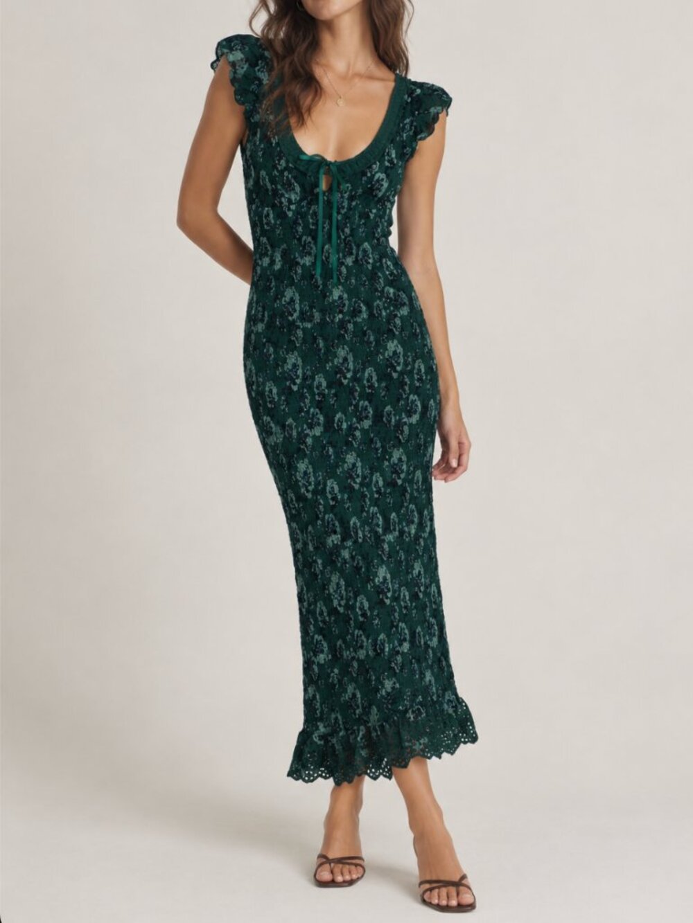 Free People McKenna Dobby Smocked Midi Dress Green Floral S